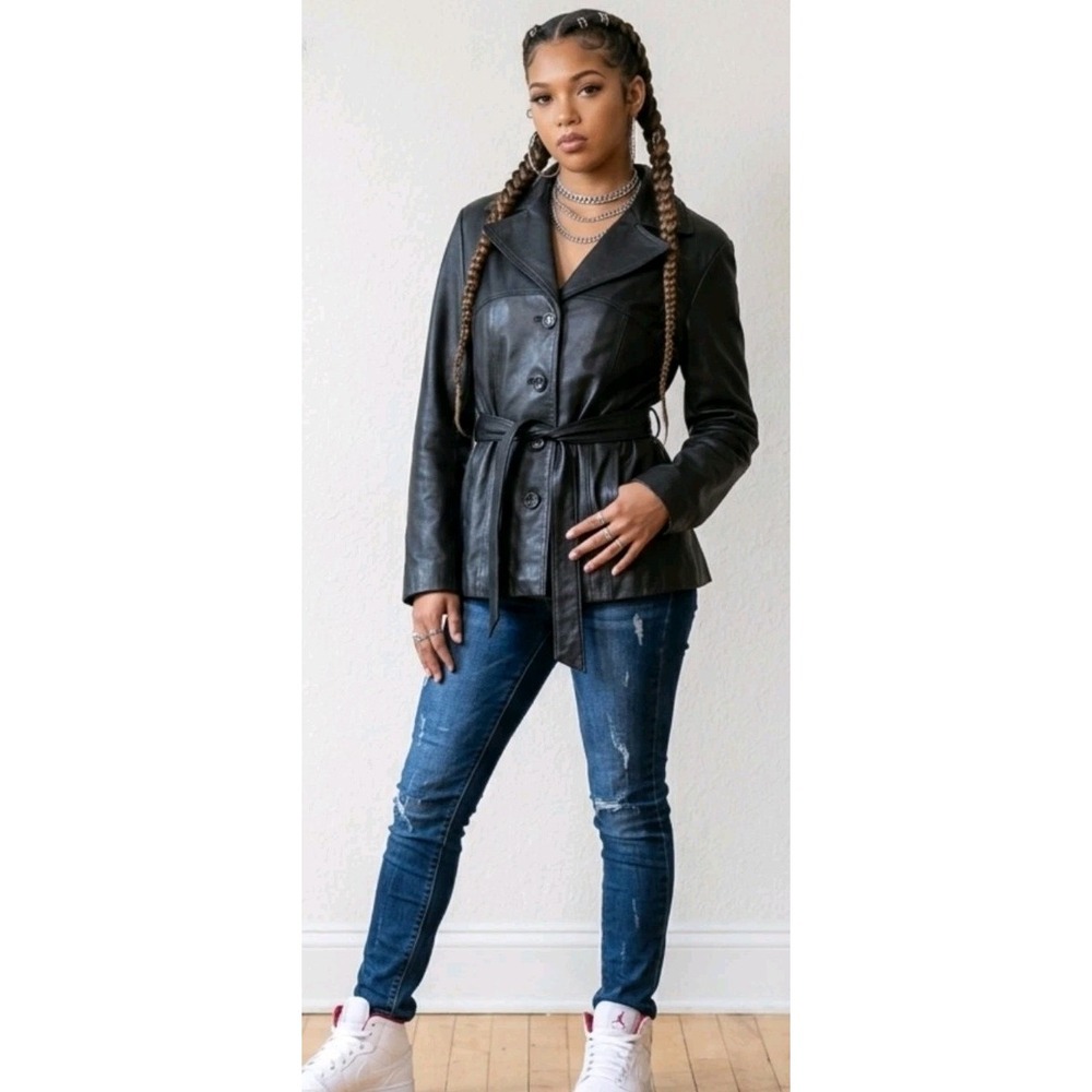 Vintage 90s Wilsons Leather Maxima Black Leather Jacket Button Front Womans L